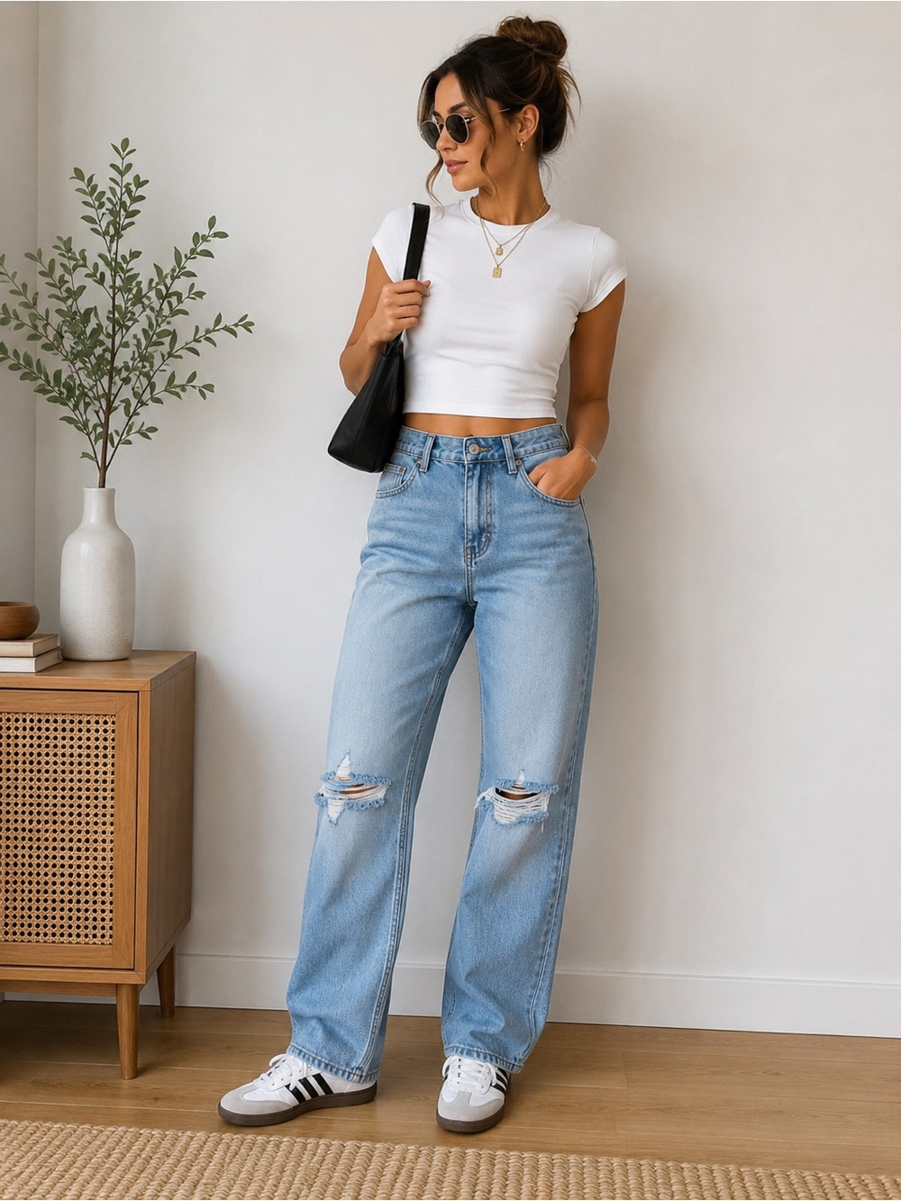 💙 H&M Light Wash Straight Leg Distressed Jeans – Size 8